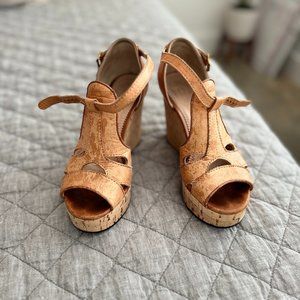 Chloe Open Toe Leather and Cork Wedge Sandals, Size 35/5